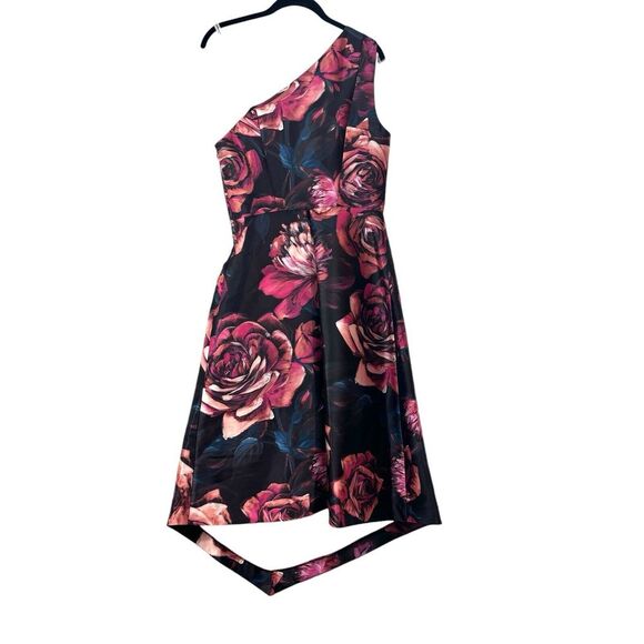 Kay Unger Iris Oxblood Multi Floral One-Shoulder Handkerchief Hem Midi Size 6 - Picture 4 of 13